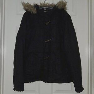 Preppy Paddington Toggle Duffle Black Quilted Lining Faux Fur Hood Girls Sz 18